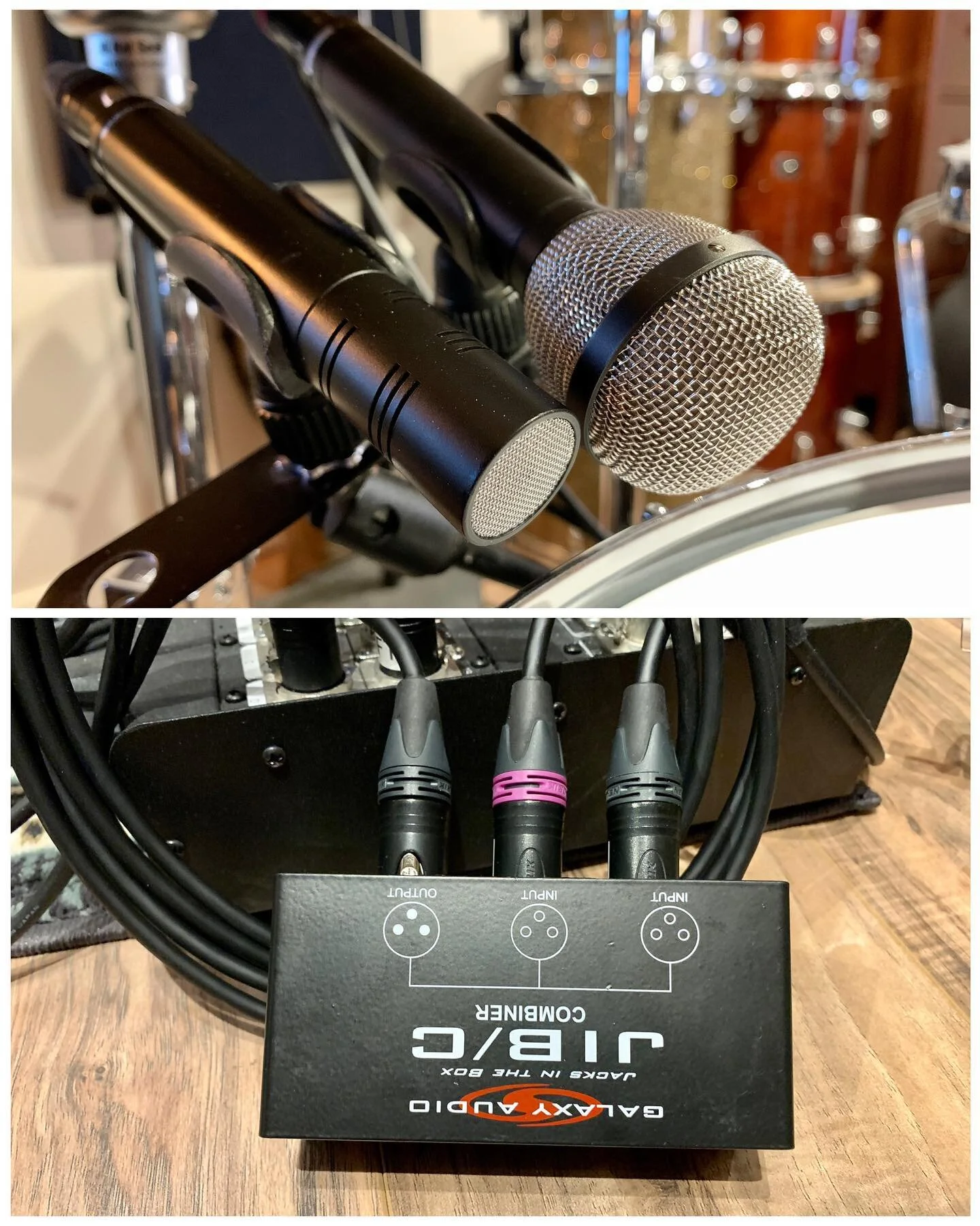 Blending/summing two mics 50/50 before the preamp. In this case an M88 and an M201. M88 has the fat lows and punch, M201 has the snap and sizzle. Combined they auto-EQ into a signal that naturally dips some mids you would otherwise take out with an E