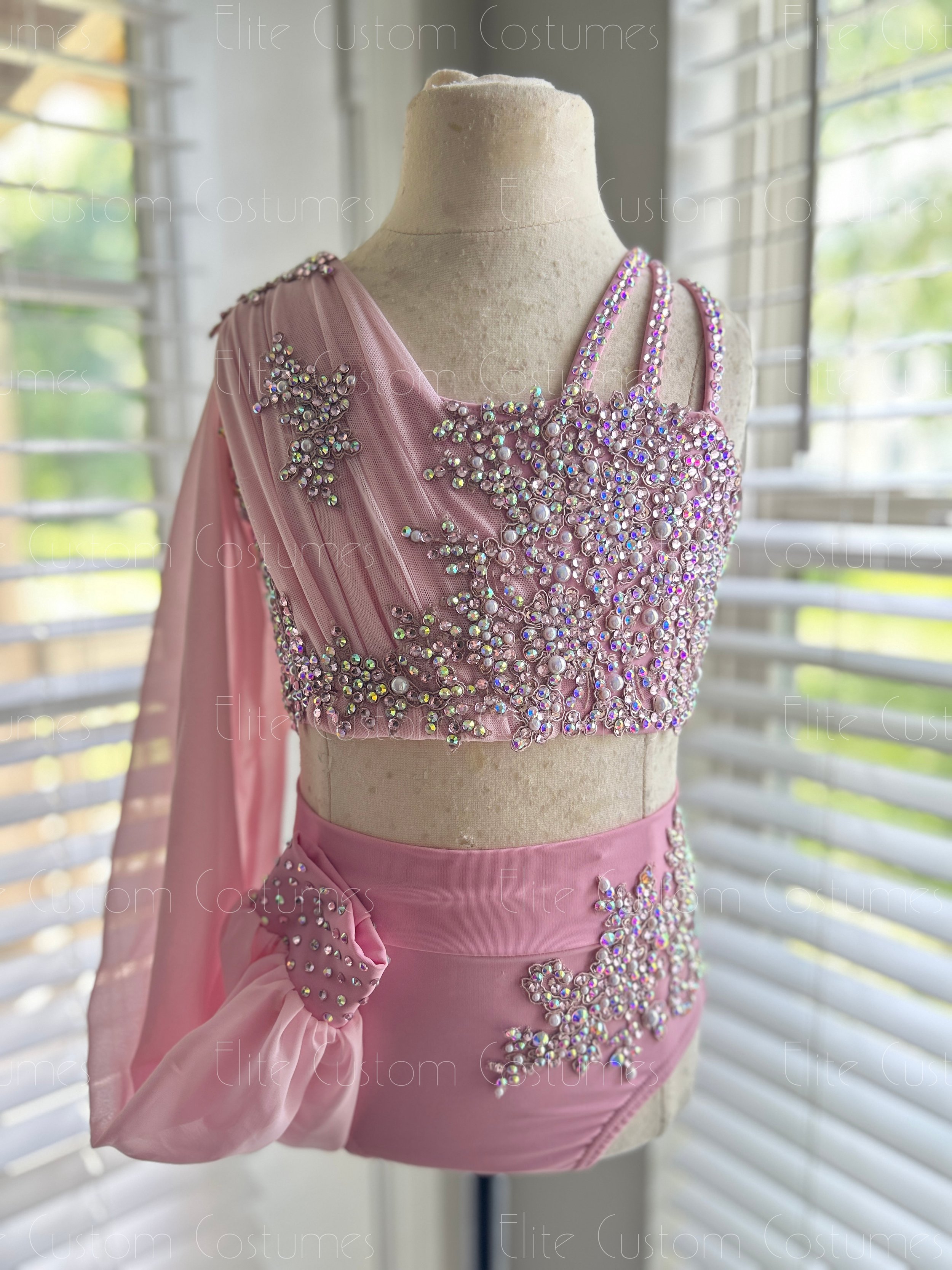 Custom Dance Costume Ready to Ship Lyrical Contemporary Child Medium 6/8 Baby Pink Two-Piece with Chiffon Sleeve