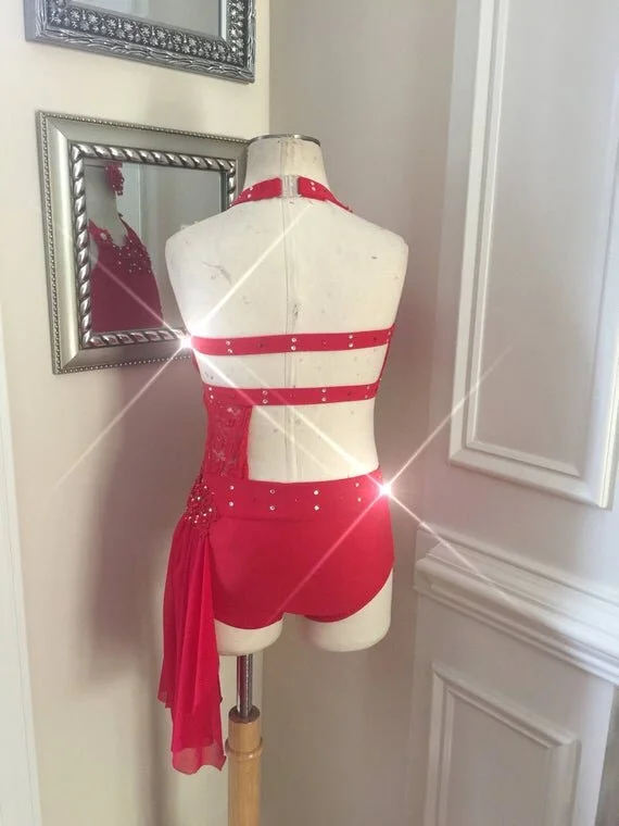 Custom Dance Costume Red Jazz 2 Piece with Lace  Elite Custom Costumes