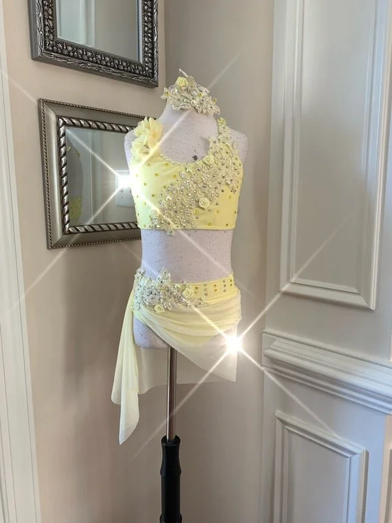 Custom Dance Costume Yellow White/Gold Lyrical Contemporary 2 pc  Elite  Custom Costumes