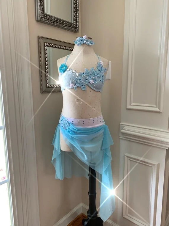 Custom Dance Costume Baby Blue Rose Red Yellow Lyrical Contemporary 2PC  with Bra and Skirt  Elite Custom Costumes