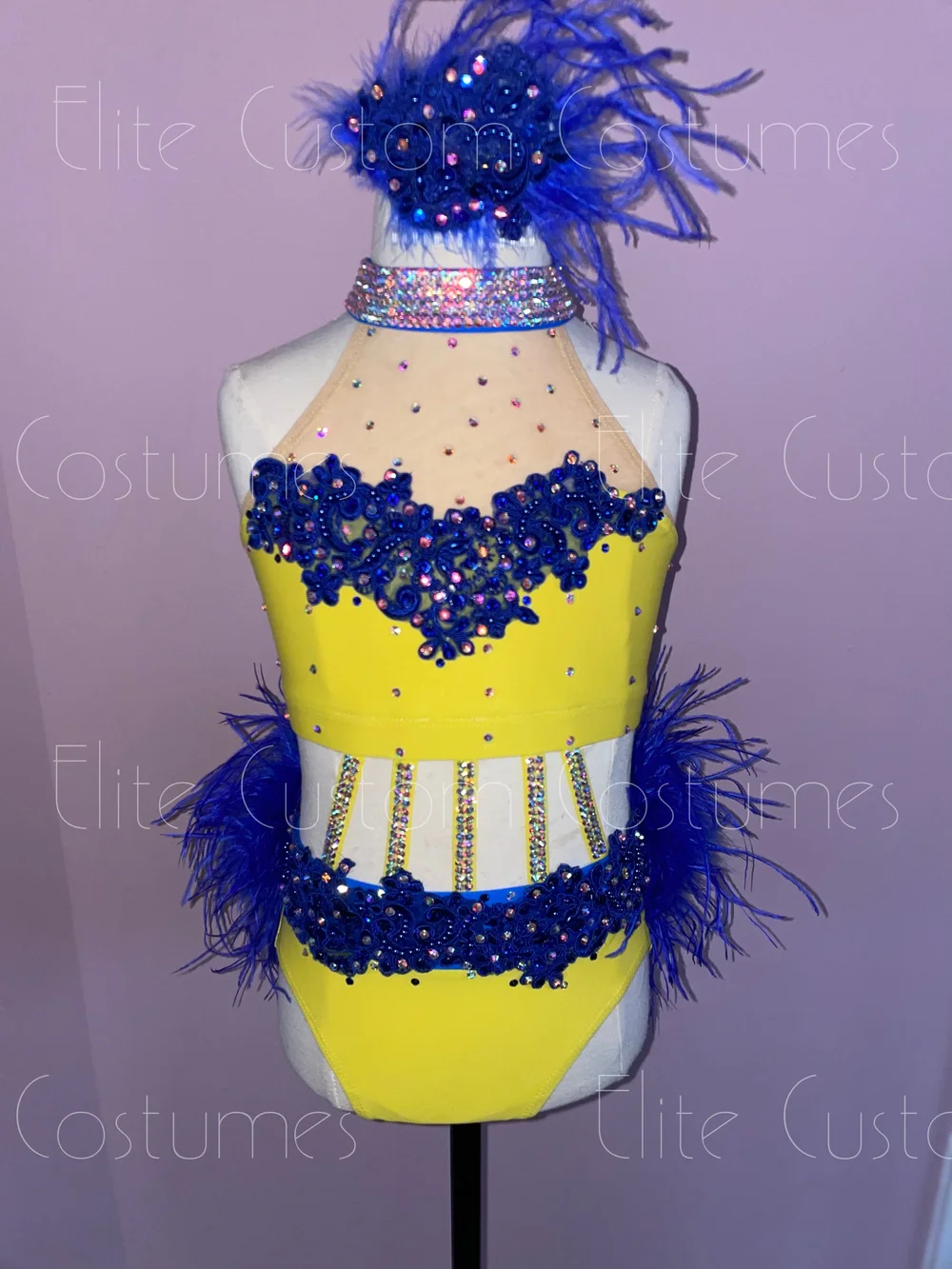Custom Dance Costume Sassy Jazz Musical Theater Yellow Blue 2 Piece with  Feathers  Elite Custom Costumes