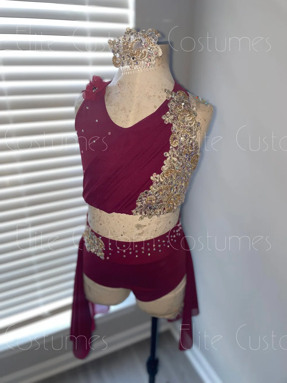 Custom Dance Costume Lyrical Contemporary 2 Pc. Burgundy Gold Accents with  Skirt  Elite Custom Costumes