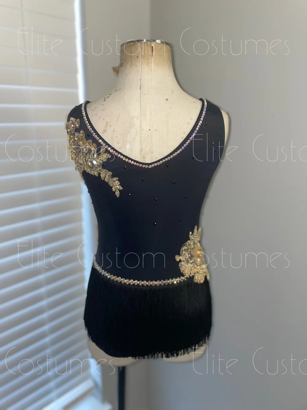 Custom Dance Costume Jazz Musical Theater Black Leotard Gold Embellishments   Elite Custom Costumes