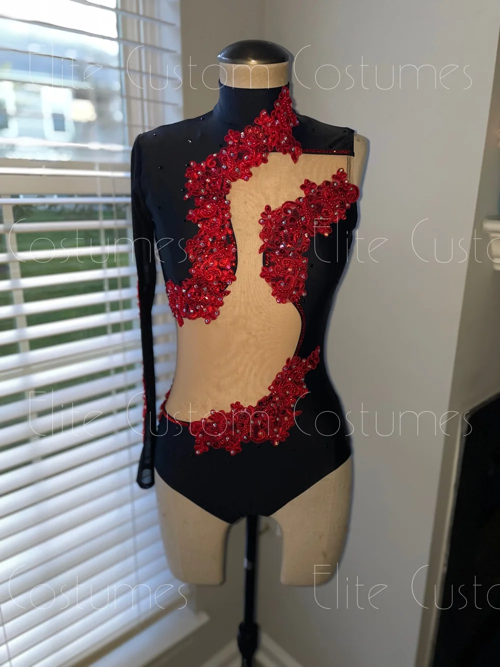 Custom Dance Costume Jazz Lyrical Contemporary Black Leotard with Mesh  Sleeve Red Accents  Elite Custom Costumes