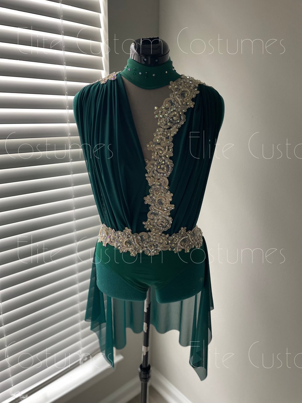 Custom Dance Costume Lyrical Contemporary Green Emerald Gold Accents with  Skirt  Elite Custom Costumes