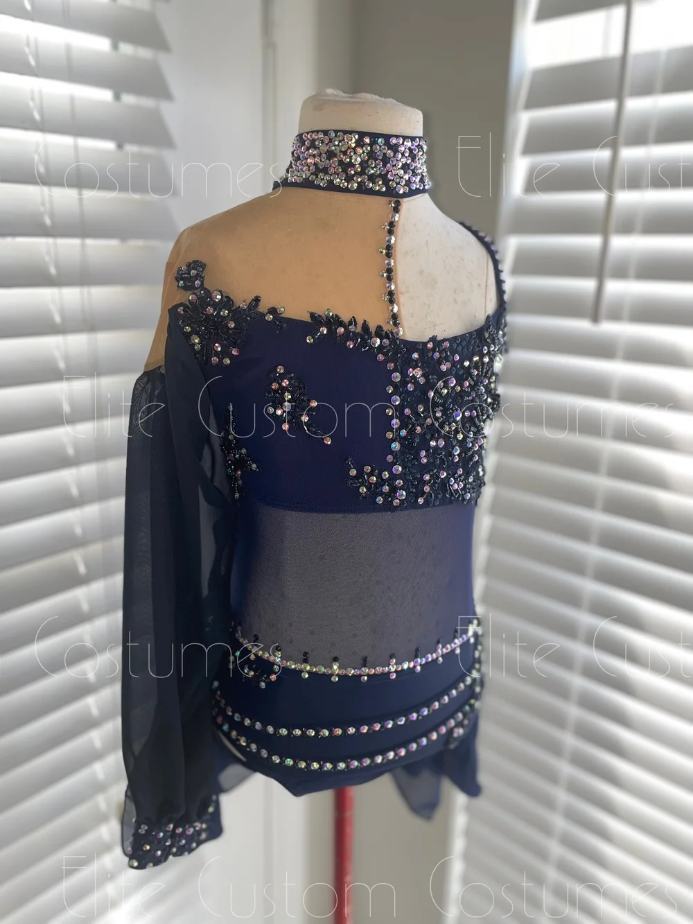 Custom Dance Costume Lyrical Contemporary Navy Blue Leotard with Chiffon  Sleeve Skirt  Elite Custom Costumes
