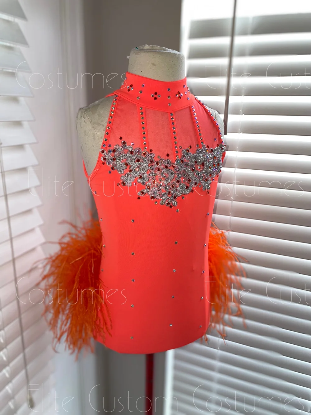 Custom Dance Costume Jazz Musical Theater Neon Orange Leotard with Ostrich  Feathers  Elite Custom Costumes
