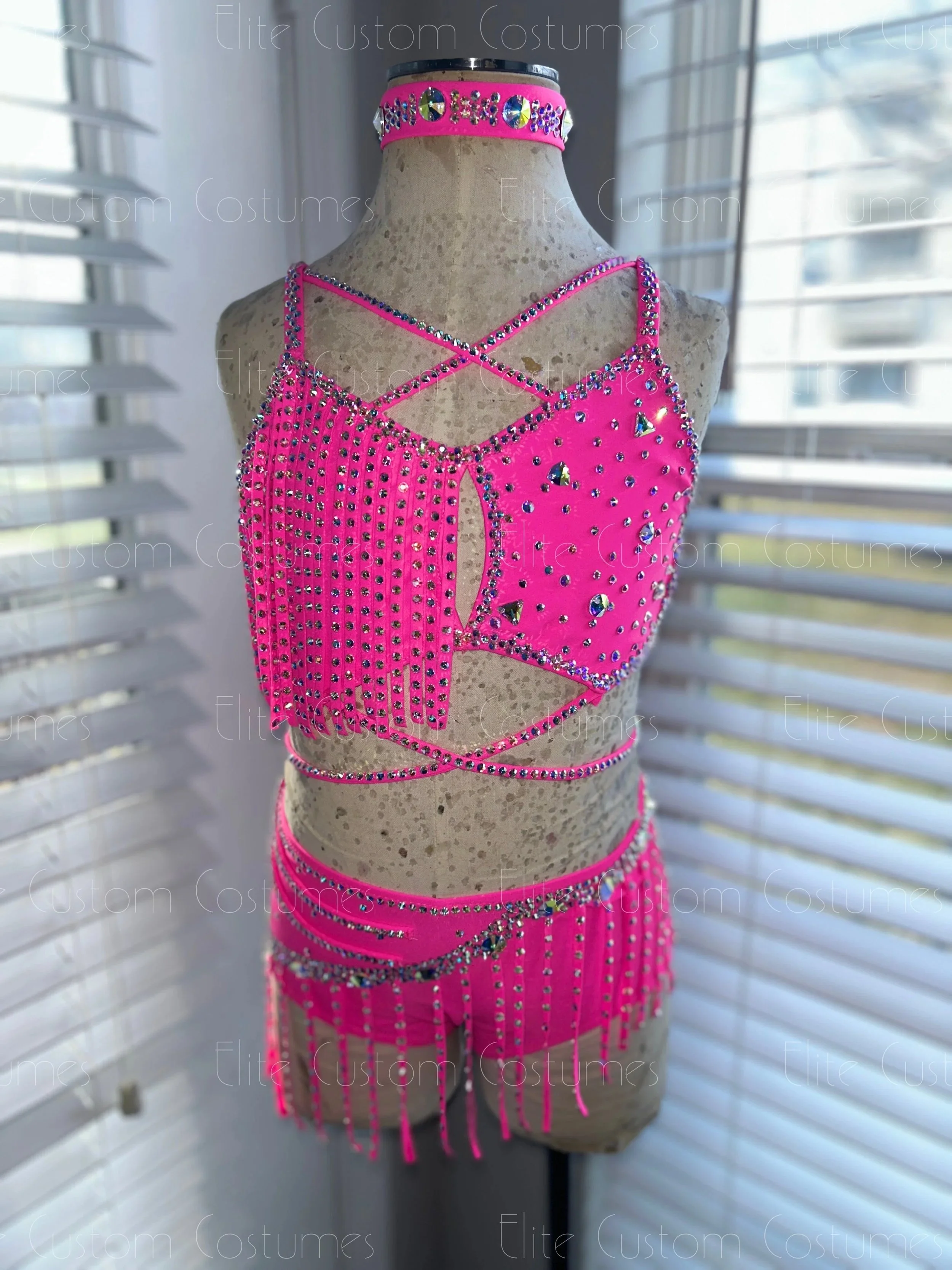 Custom Dance Cosume Jazz Musical Theater Neon Pink Two Piece Rhinestone Fringe Rhinestone Choker