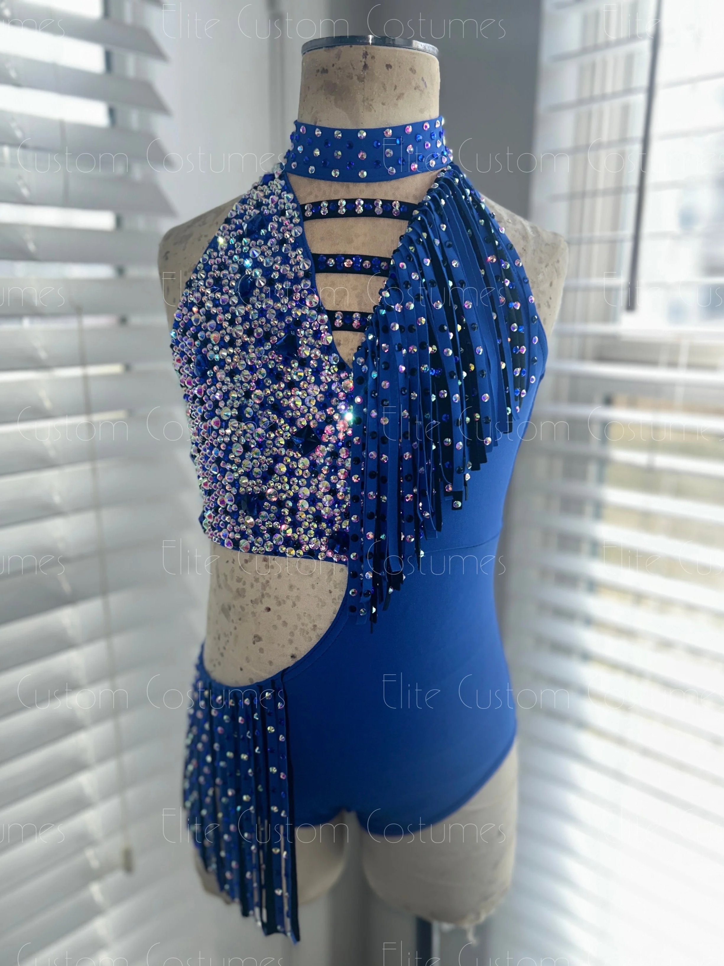 Custom Dance Costume Jazz Musical Theater Royal Blue Leotard with Rhinestone Fringe