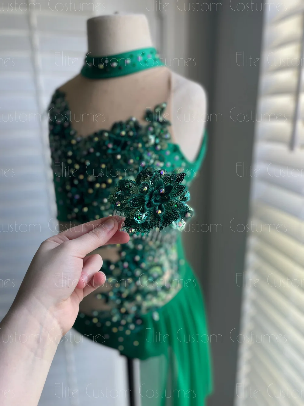 Custom Dance Costume Emerald Lyrical/Contemporary Leotard with Mesh Sleeve  & Side Skirt  Elite Custom Costumes