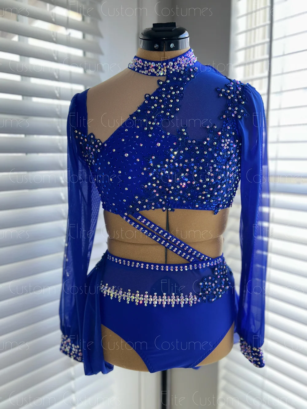 Custom Royal Blue Lyrical Dance Costume with Rhinestones & Lace Appliques — Elite Custom Costumes