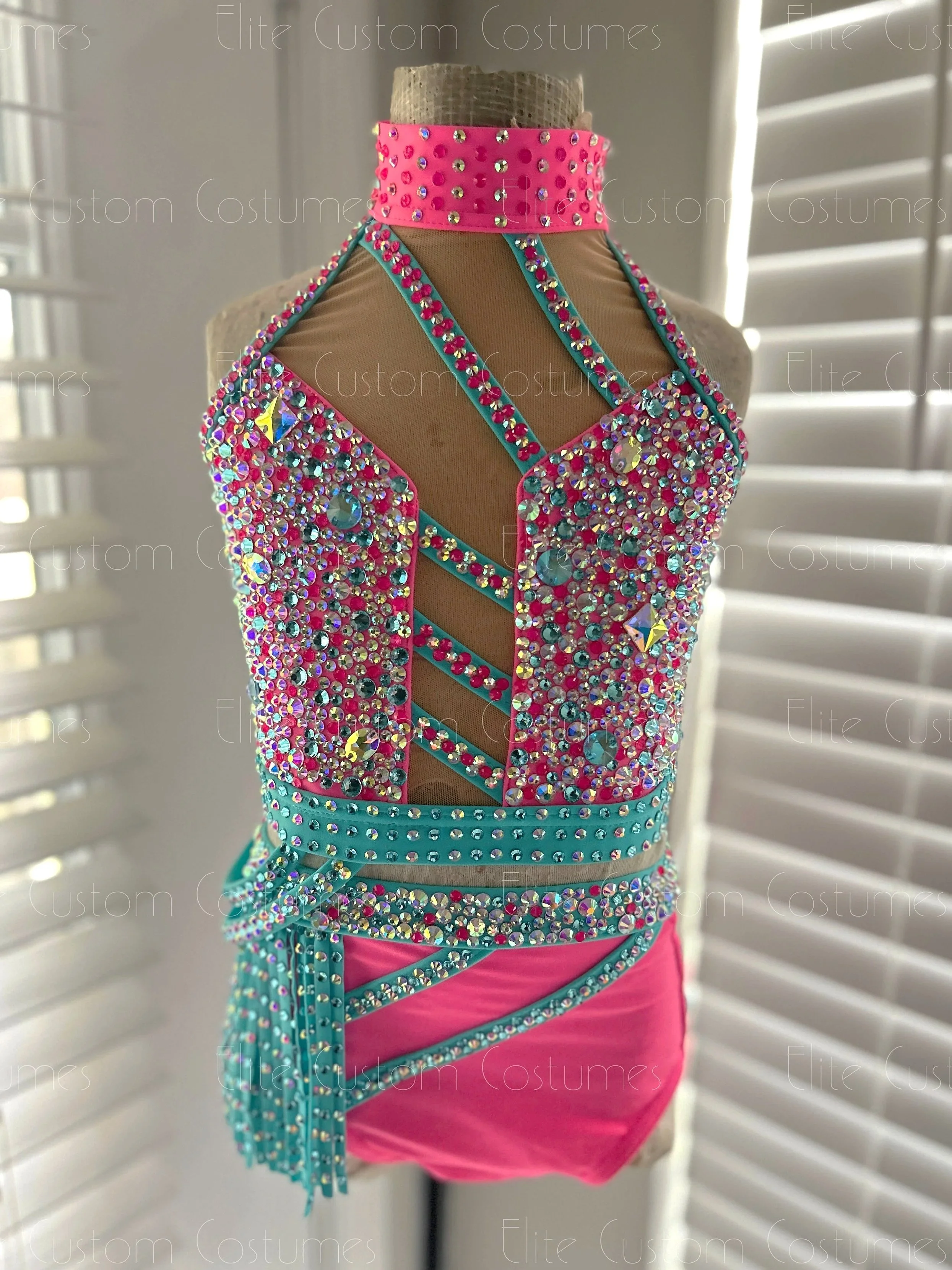 Custom Dance Costume Jazz Musical Theater Neon Pink & Turquoise Two-Piece with Fringe
