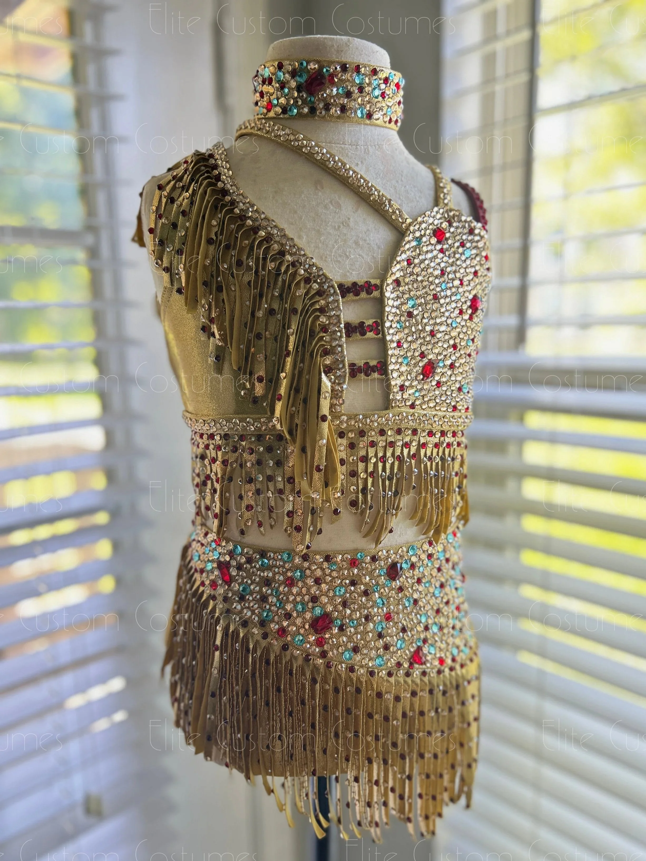 Custom Dance Costume Jazz Musical Theater Gold Metallic Two Piece Fringe Detail
