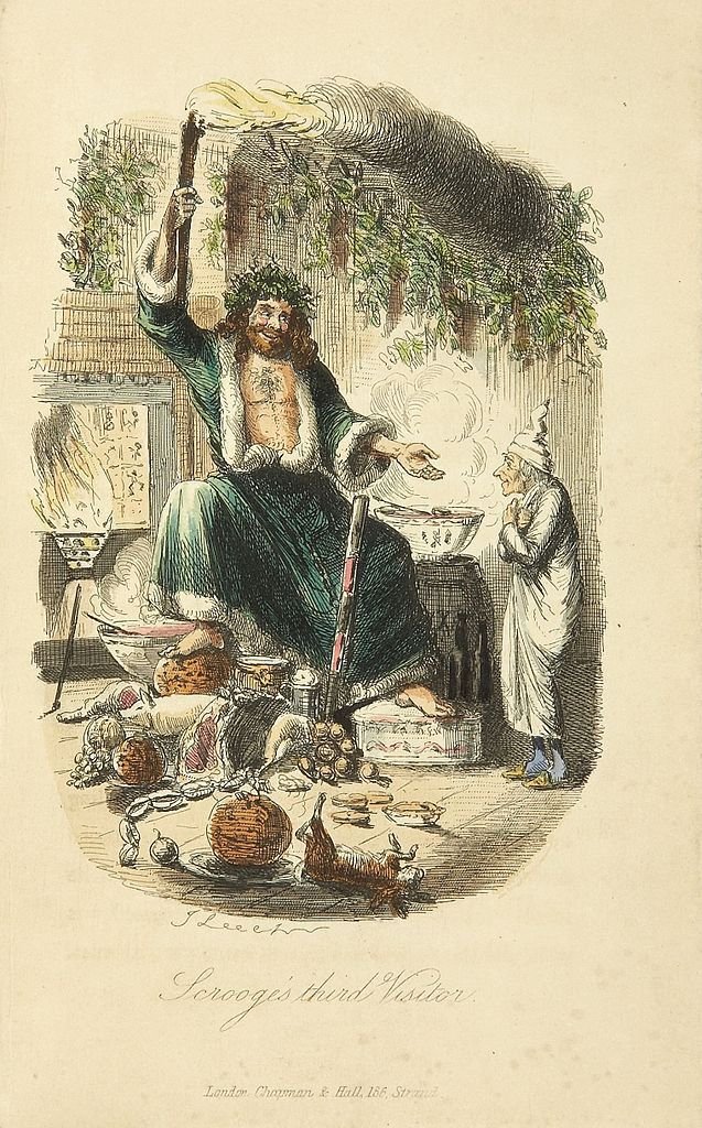 Dickens's Ghost of Christmas Present, by John Leech, 1843, a version of Father Christmas & dressed in green.jpg