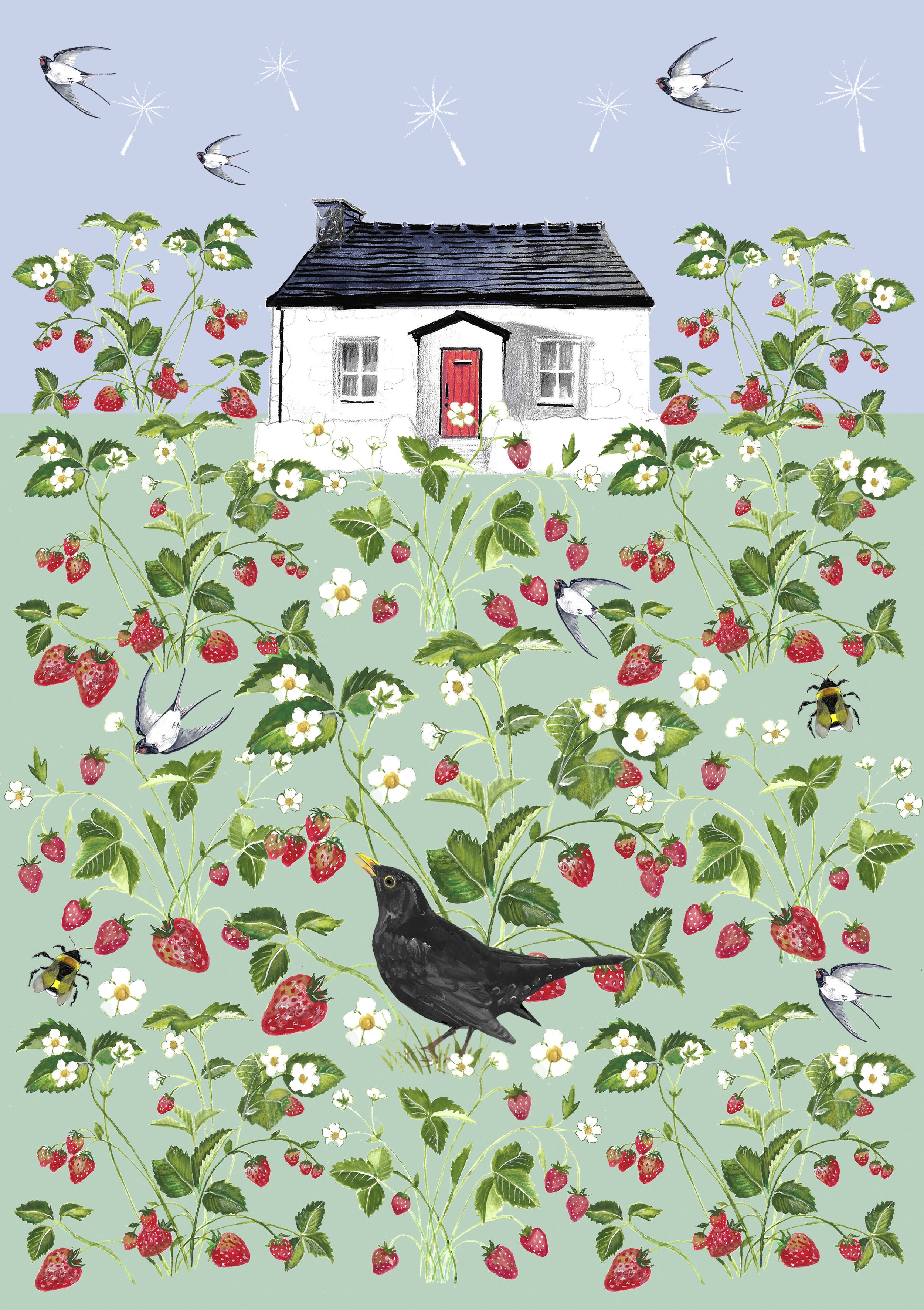 Blackbird and strawberries A6 card_Teresa KIRK.jpg