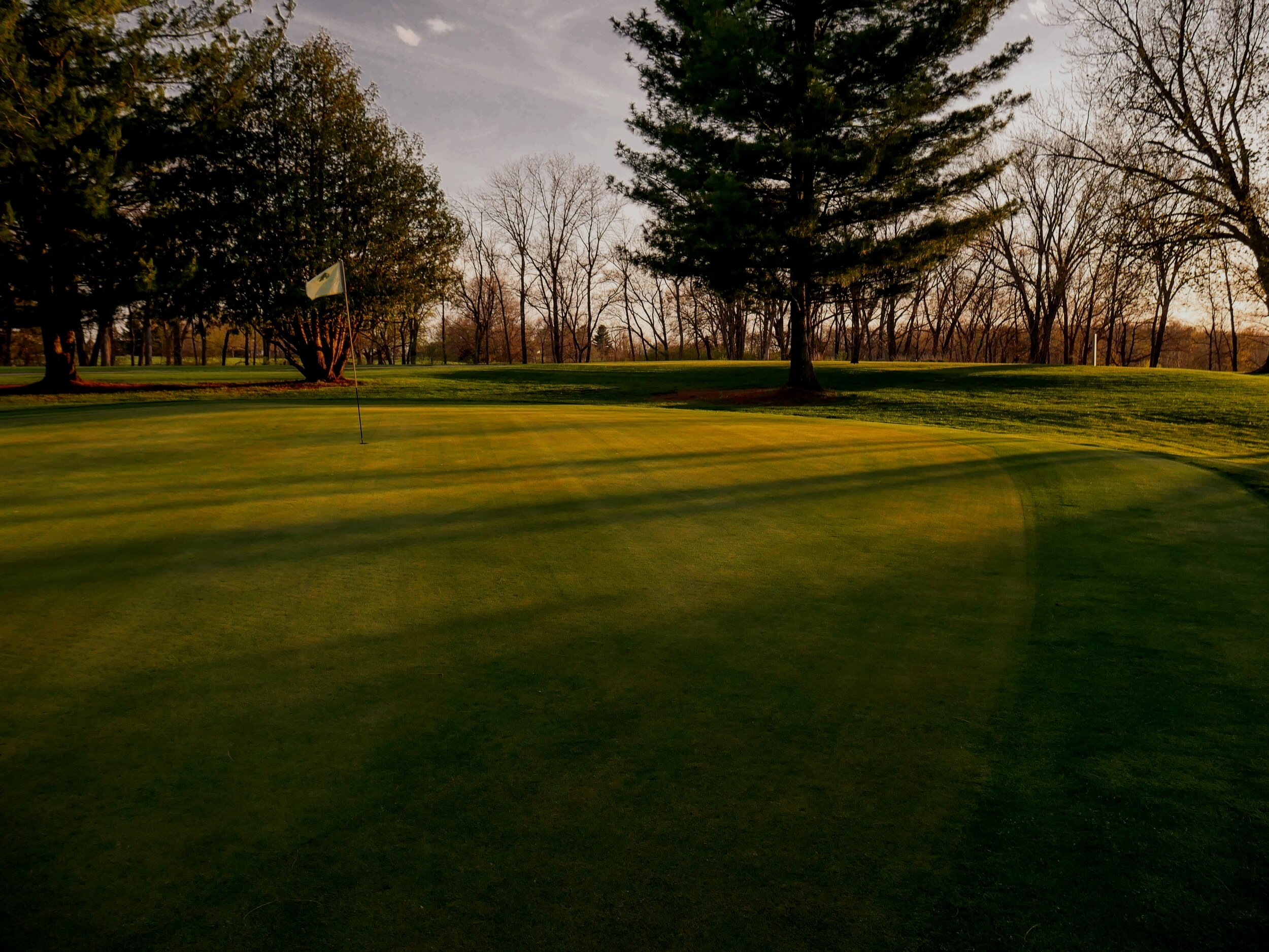 golf green with flagstick at sunset