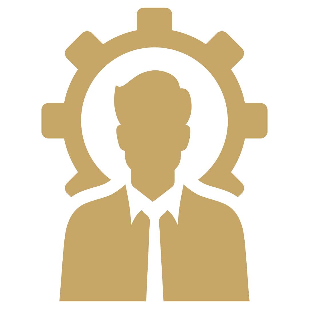 Silhouette of a person in a suit with a gear surrounding their head, representing a concept of leadership, management, or technology.