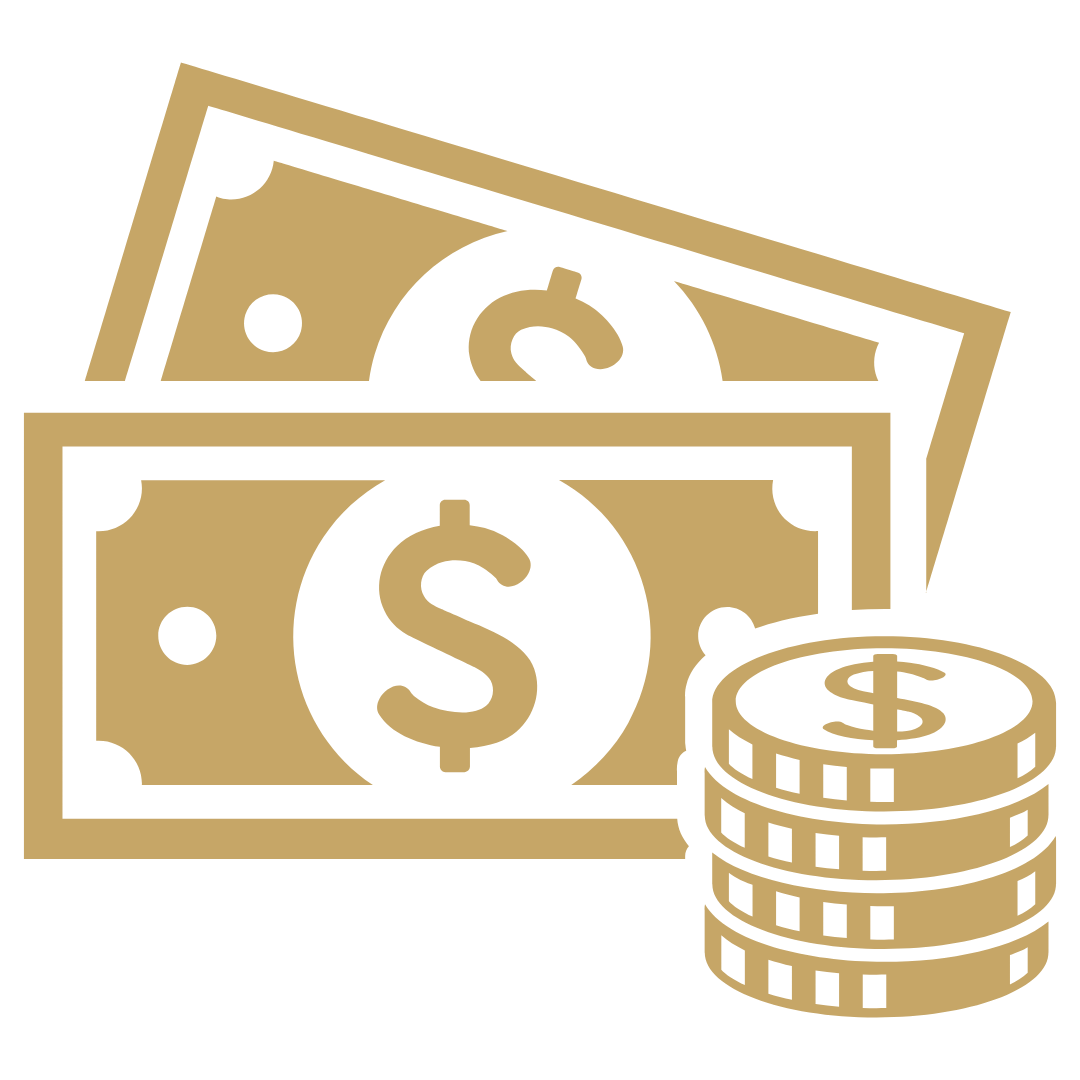 Illustration of paper bills and coins with dollar signs.