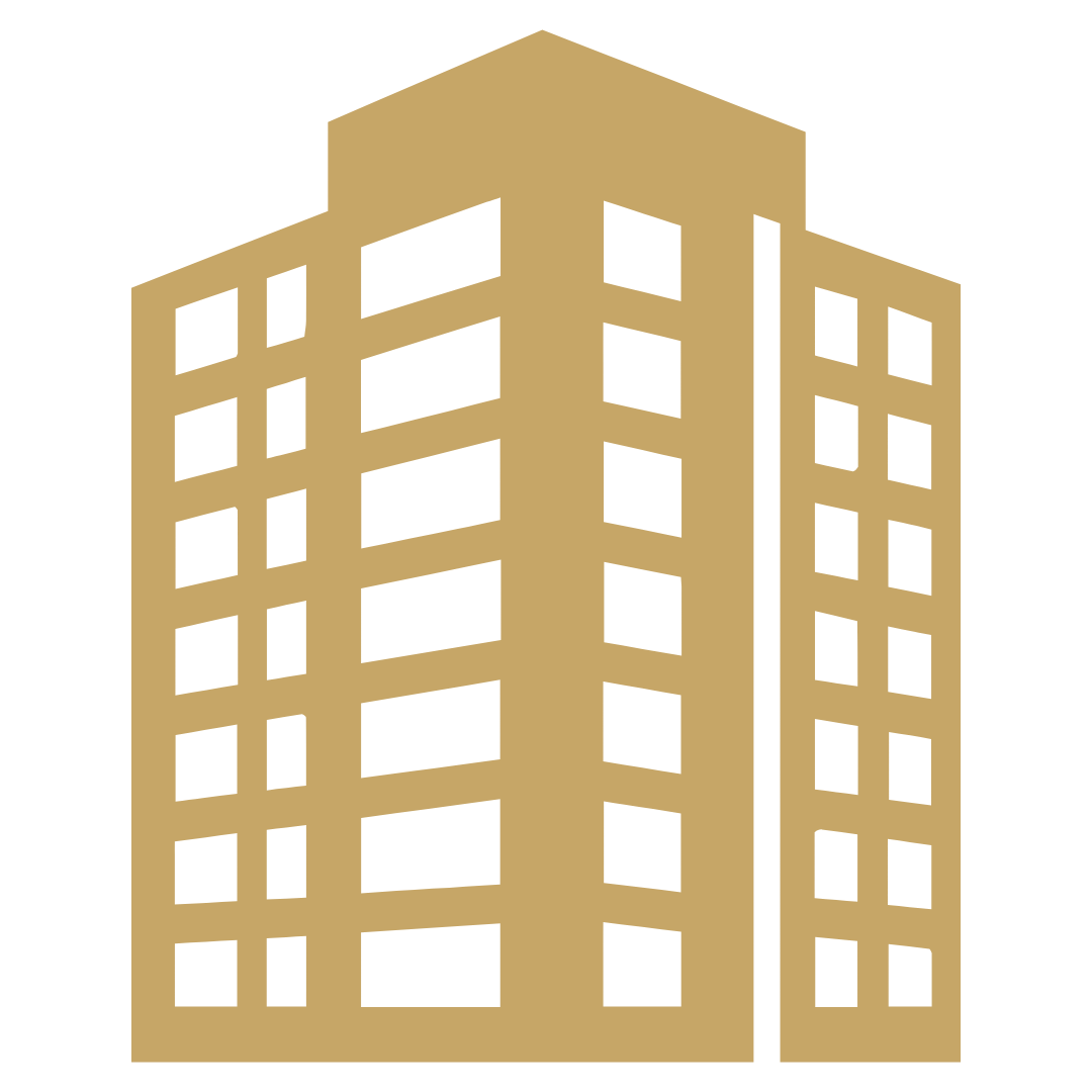 A gold-colored sketch of a tall, multi-story apartment building with numerous windows.
