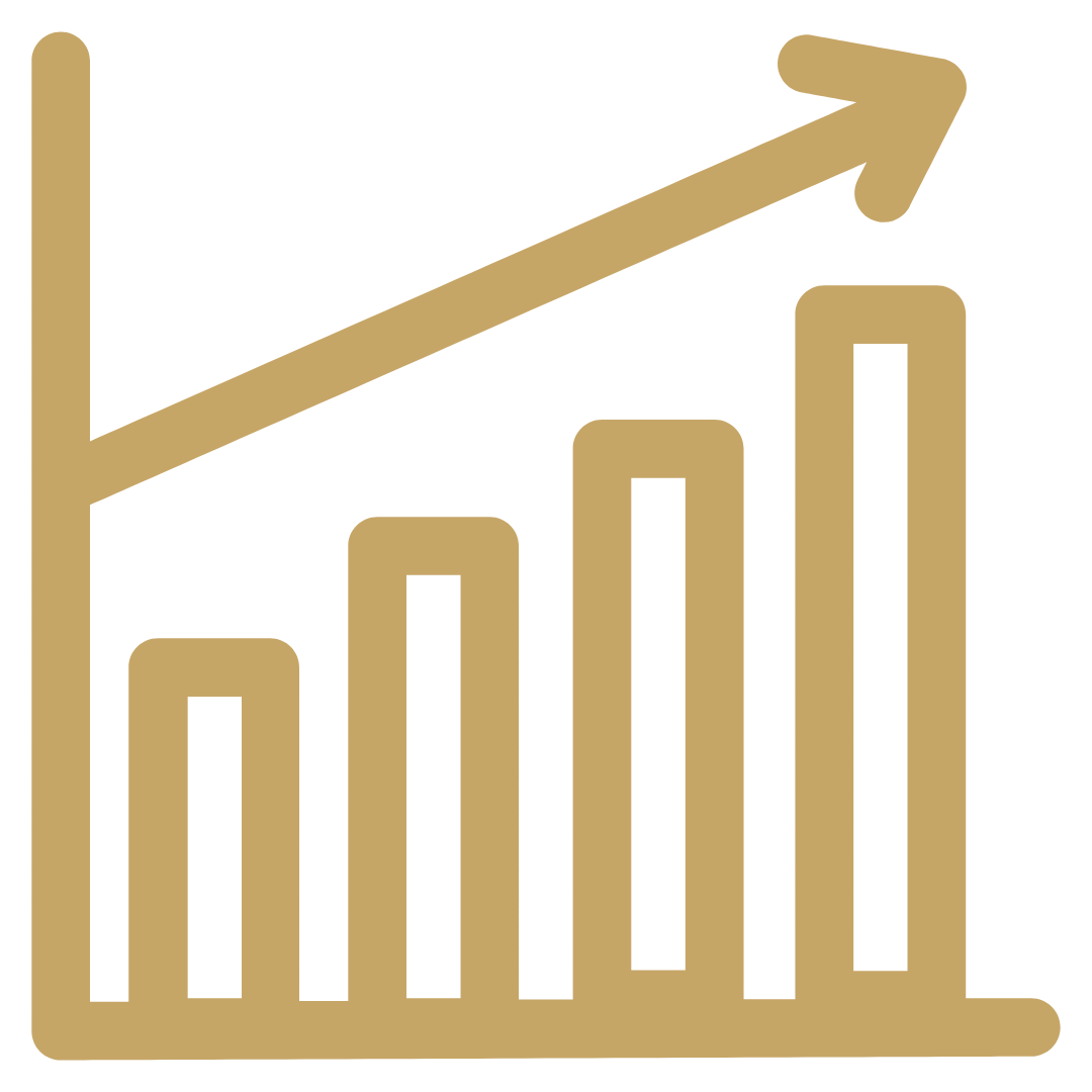 Gold colored bar chart with increasing bars and an upward pointing arrow