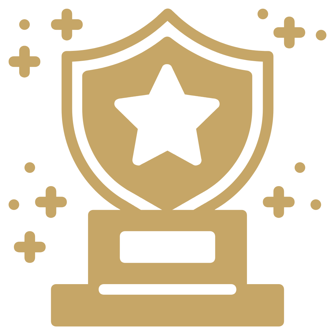 Gold trophy with a black star in the center, surrounded by small plus signs and dots.
