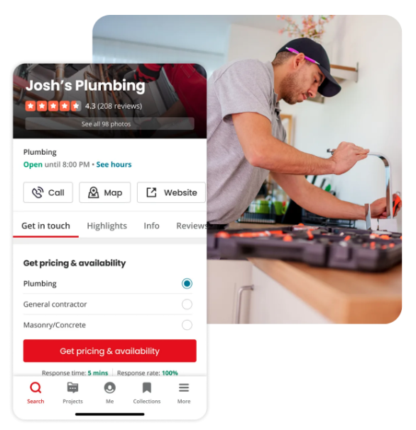 A man in a baseball cap working on a plumbing repair or installation in a kitchen, with a screenshot of a plumbing service listing overlayed, showing contact options and pricing info.