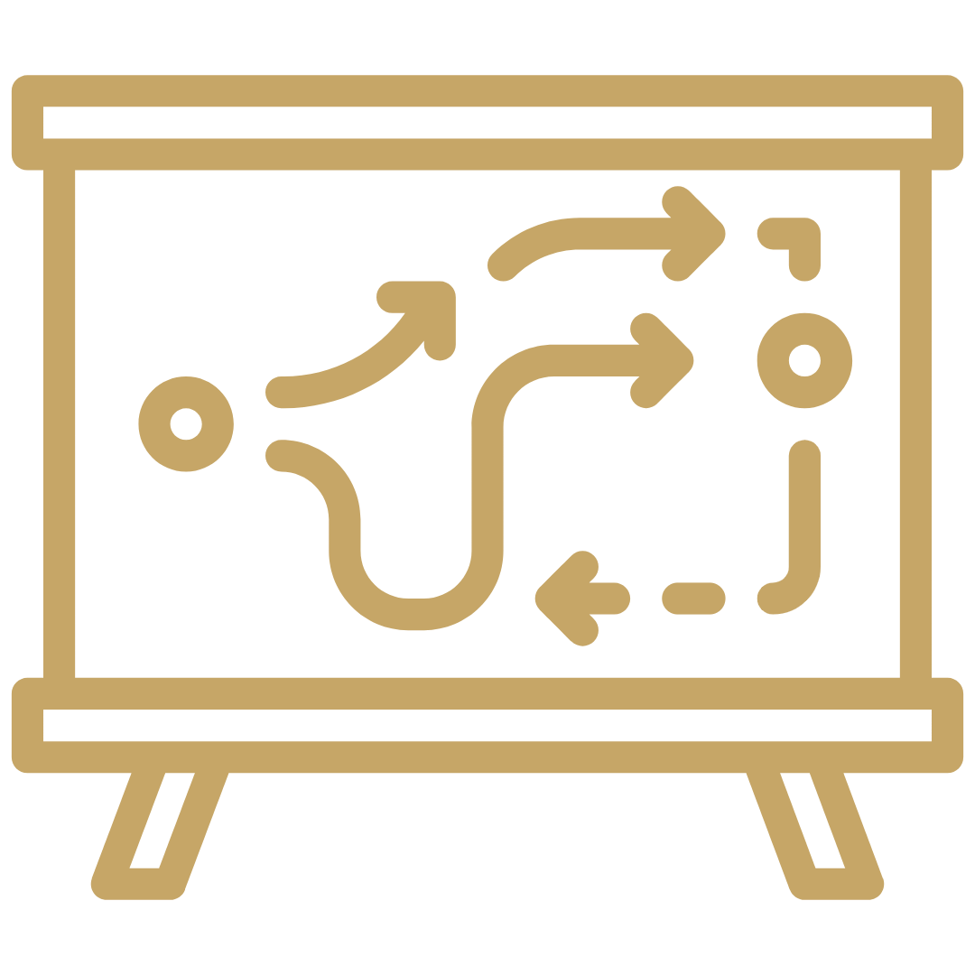 Line drawing of a strategy board on a stand, showing four arrows indicating movement paths, a circle target, and dotted line connections for planning.