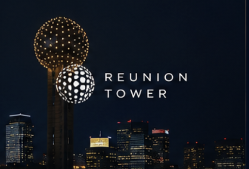 Nighttime cityscape with two glowing sphere structures and the text 'Reunion Tower'.