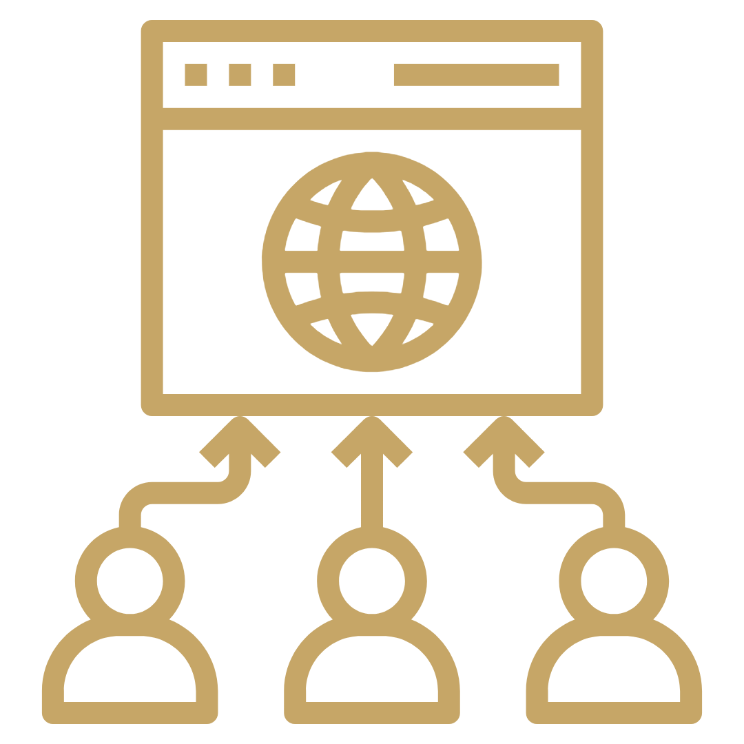 Icon of a web browser window with a globe inside, connected to three people through arrows.