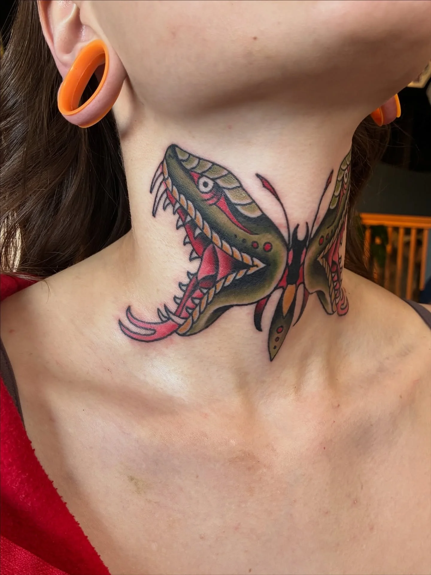 Butterfly with a bite. 🐍🦋 Throat piece by @ricky.willgues_lct 

#tattoo #throattattoo #lostcreektattoocoloradosprings #coloradospringstattoo #coloradotattoo