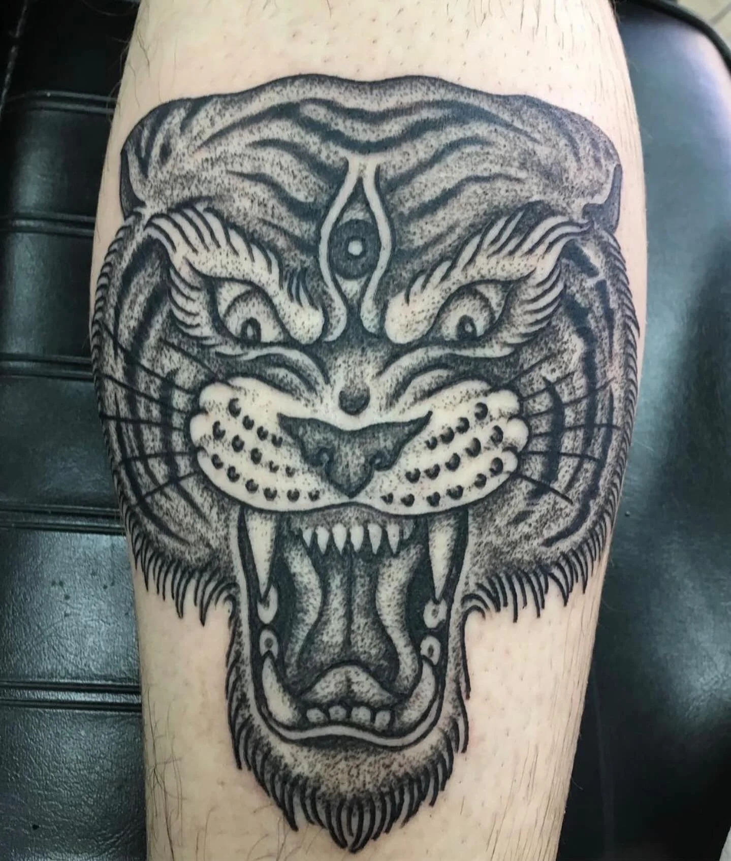 Sweet tiger head from a while ago! Tattooed by @ricky.willgues_lct