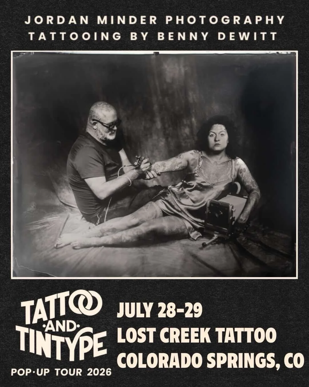 July 28-29 @bennytattoos will be tattooing and @st.nothing will be in the shop doing handmade tintype portraits! DM Benny to schedule a tattoo and walk-in for a portrait 💥