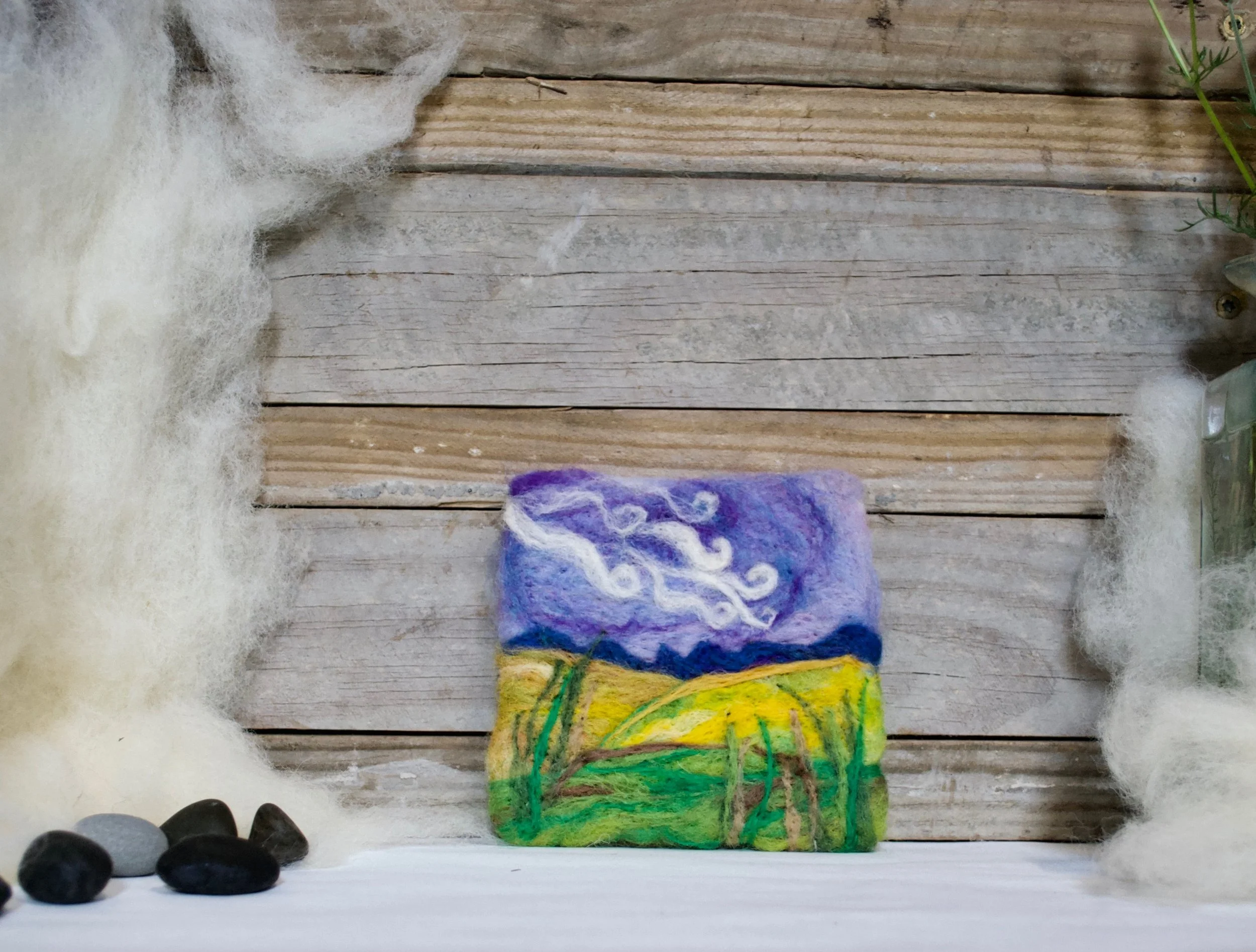 "Twisty Clouds in a Purple Sky" Small Needle Felted Artwork