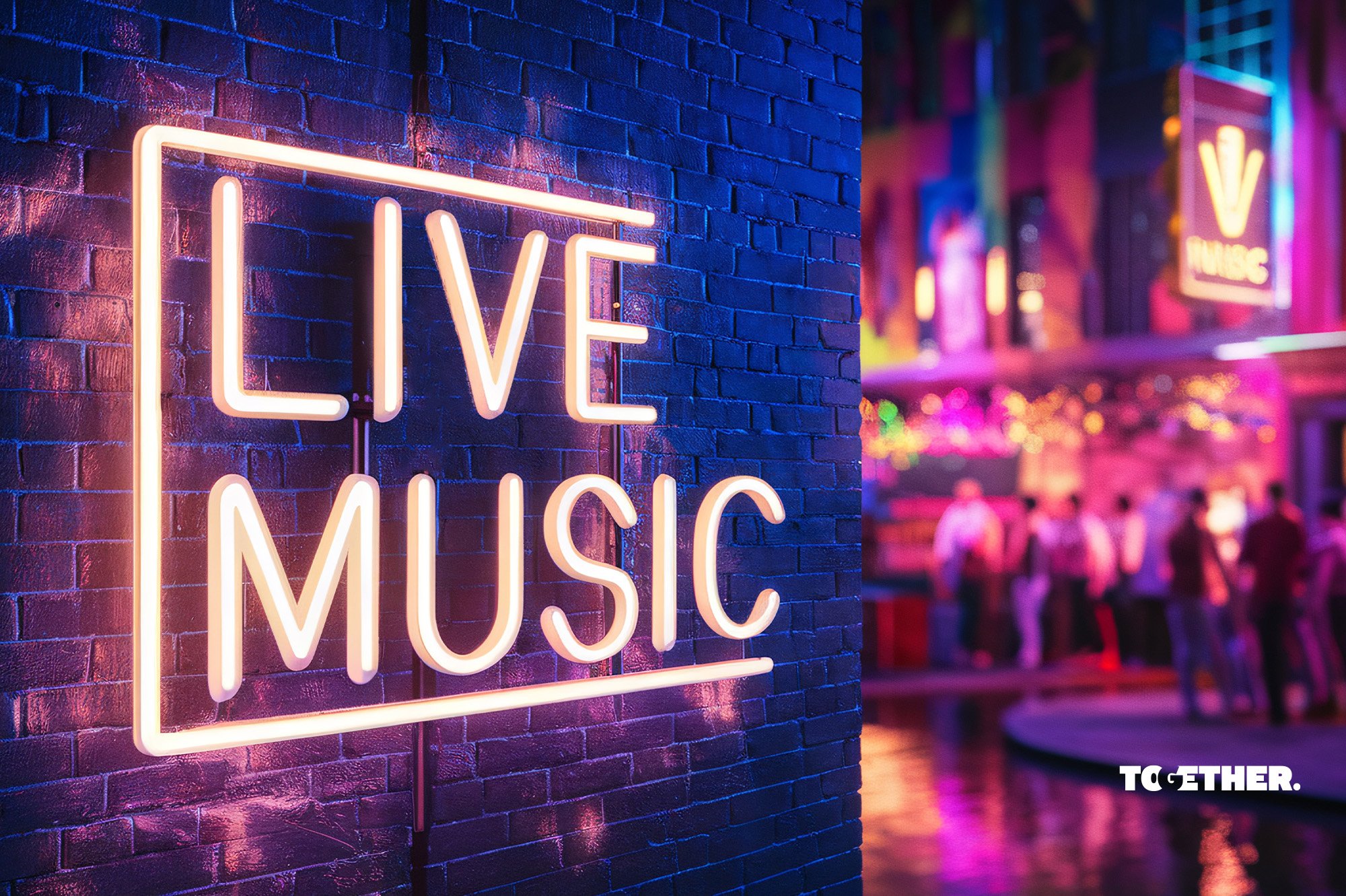 together logo on poster, live music neon sign