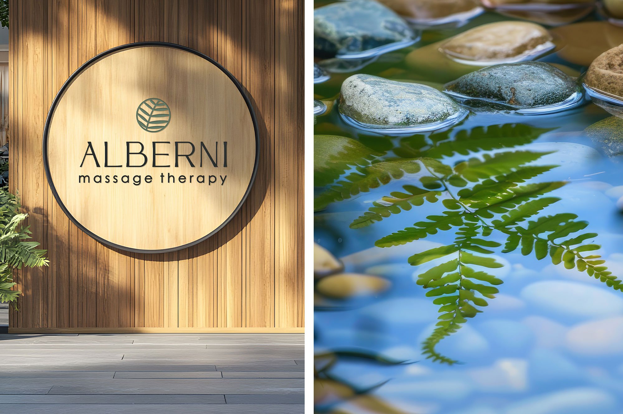alberni massage therapy exterior building signage, fern reflected in river with rocks