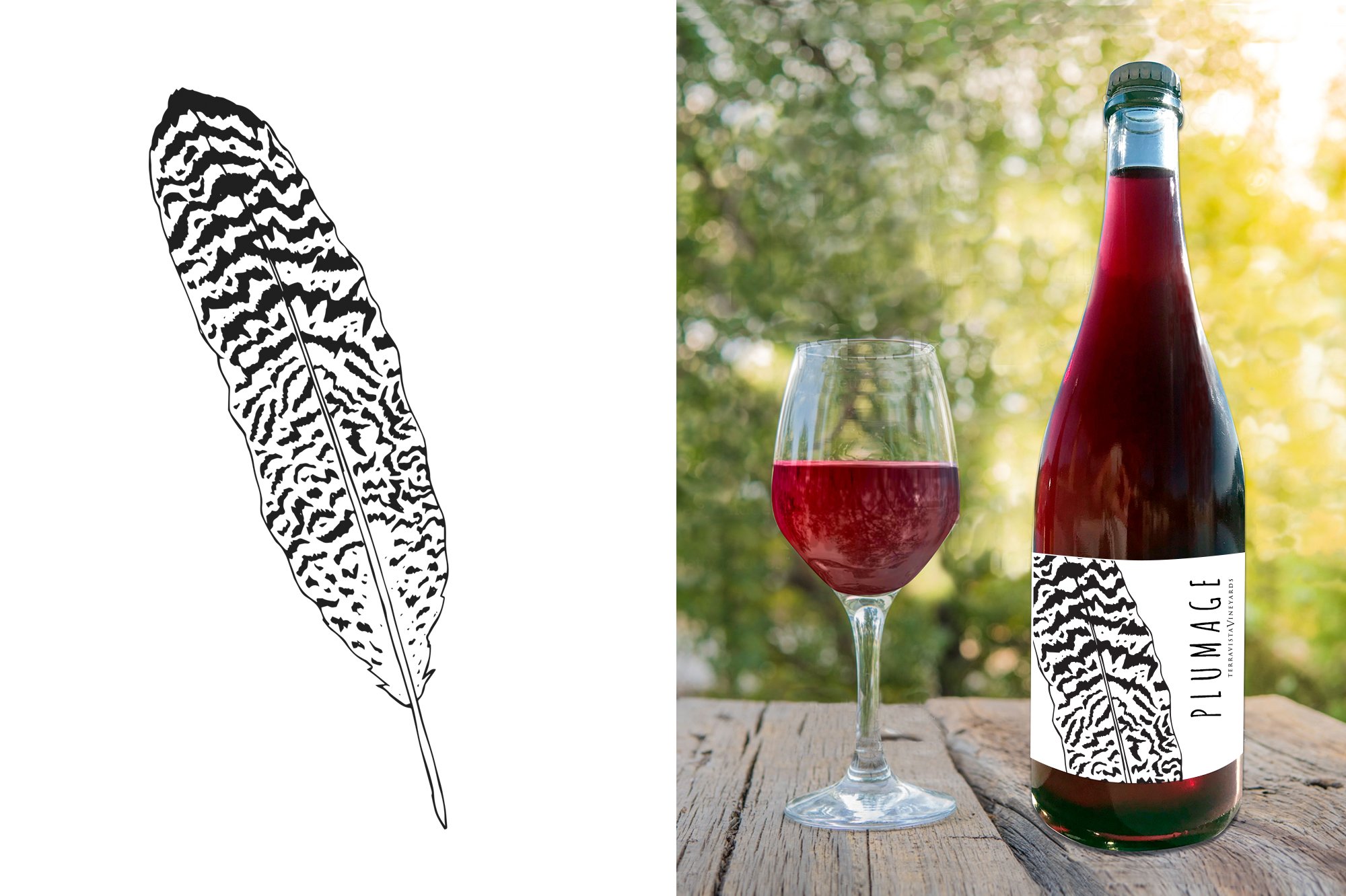 hand drawn peahen feather, plumage wine bottle
