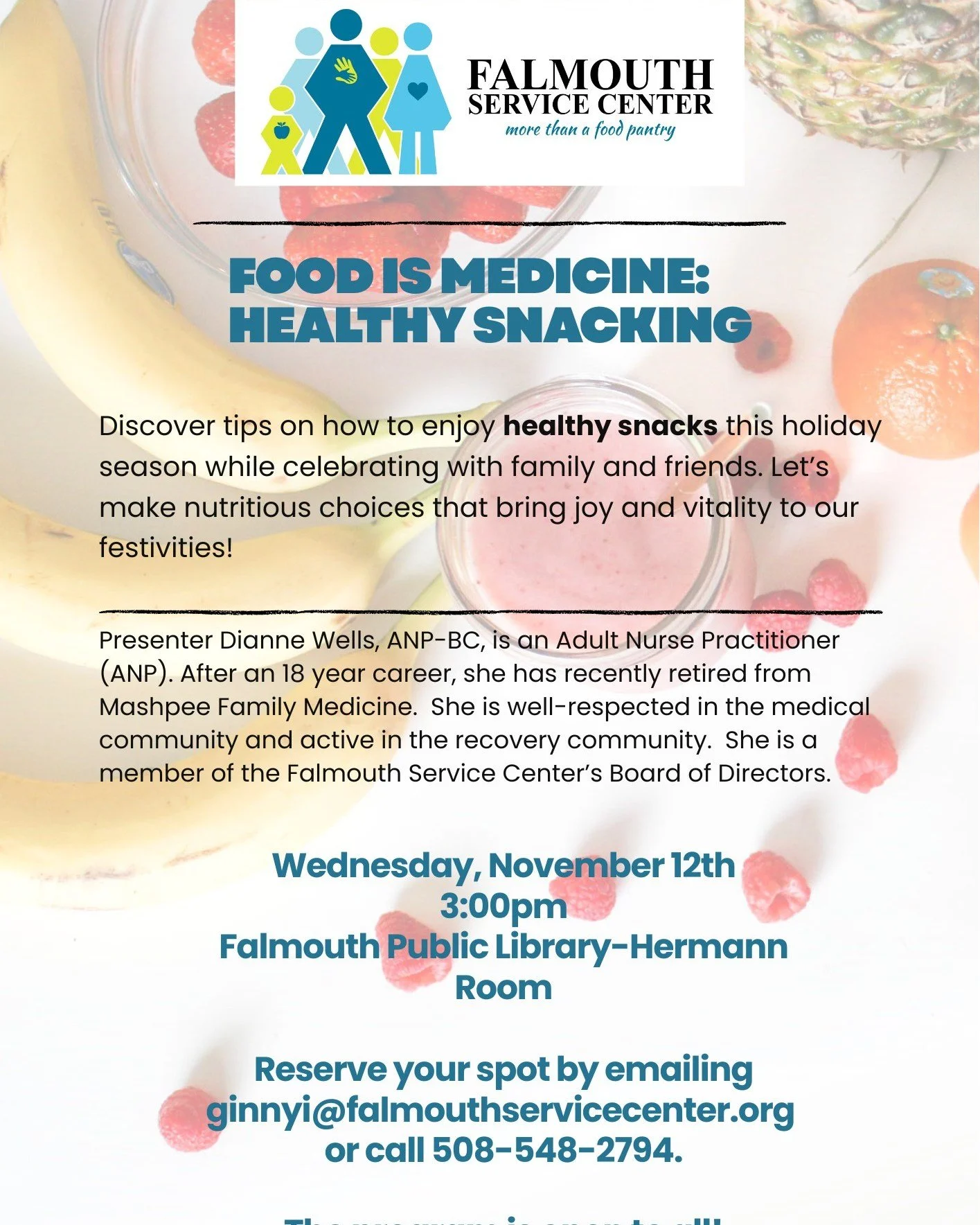 Come to the free and informative talk about healthy snacking during the busy holidays months.  All are welcome to attend!