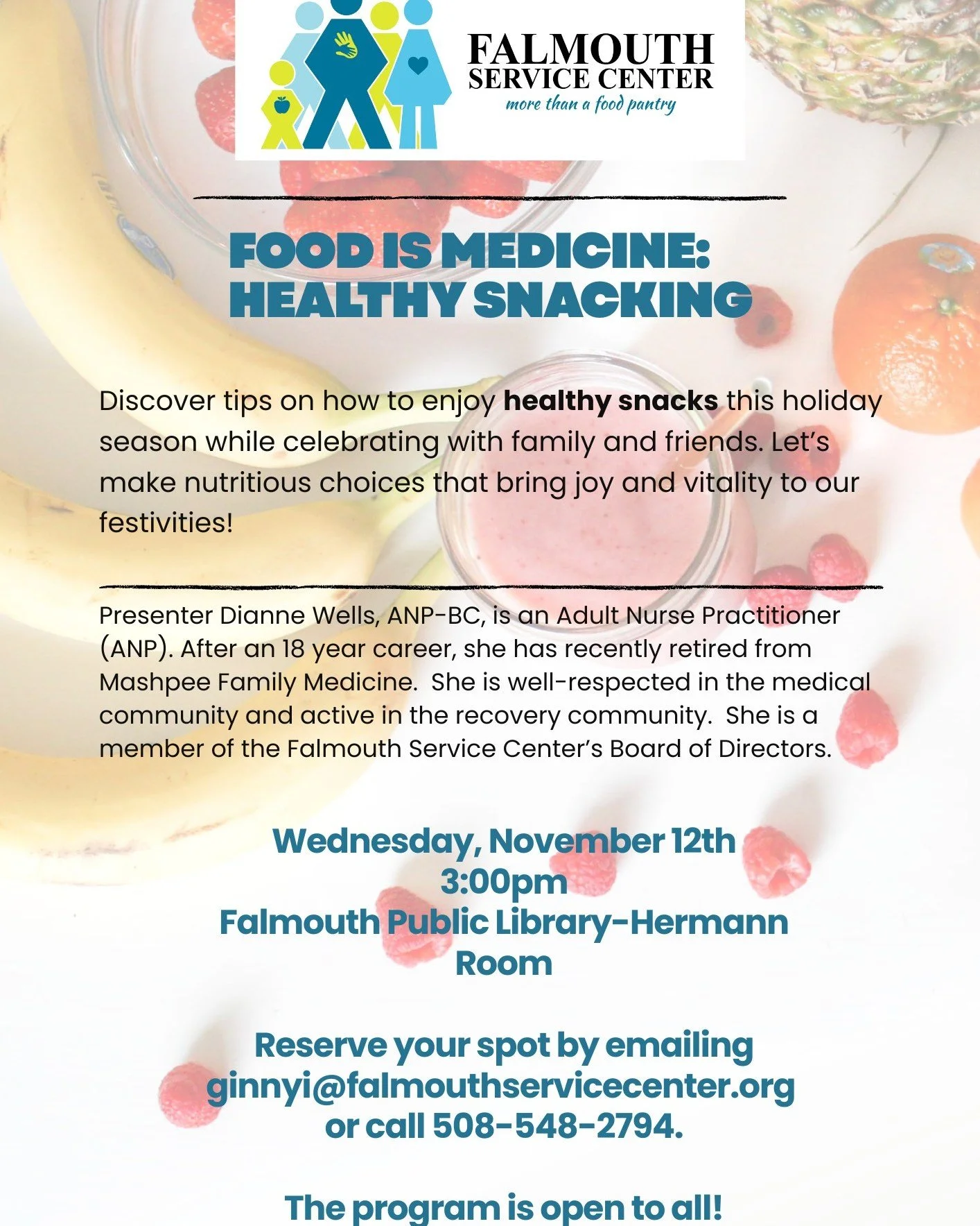 Join us for a lively discussion about healthy snacking during the holidays (and beyond)! Wednesday, November 12th at 3pm at the Falmouth Public Library.  Please RSVP.  Free and open to all!