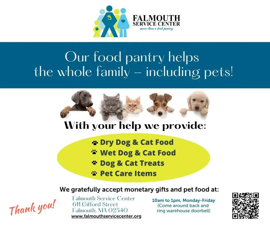 When people think about the Falmouth Service Center you think of people accessing food.  We also try to help the pets in those households too.  But we need your help!  Please consider hosting a pet food drive with your school, business, or community 