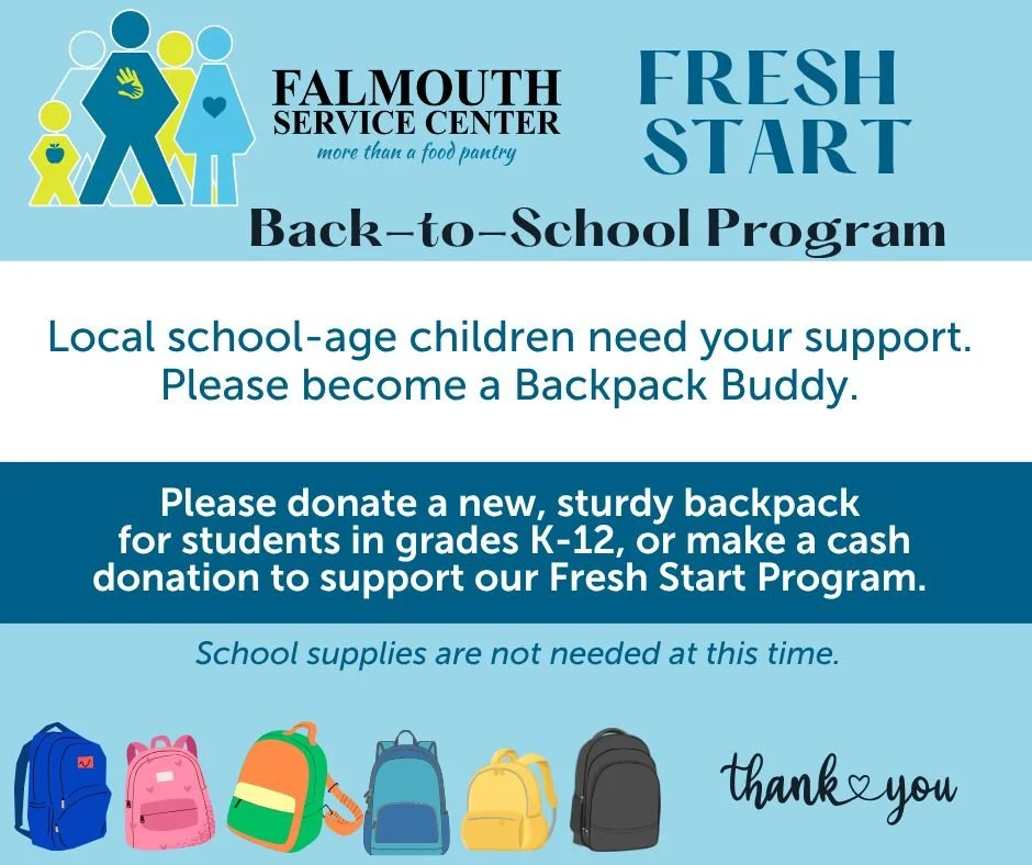 Looking for a way to make an impact locally?  It's that time of year when we start to collect brand new back packs for our Back to School Program. (Don't tell the kids we are thinking about next year when we know they still have another month to go b