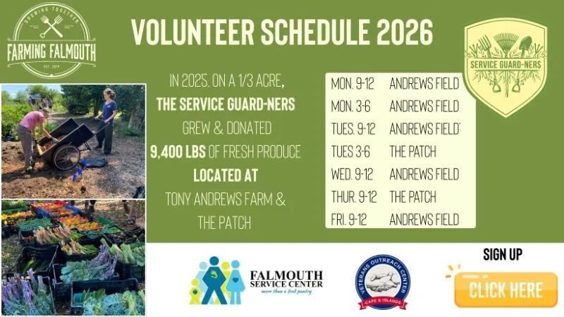 Farming Falmouth is looking for more volunteers to help in their Service Gardens.  Use this link below to sign up. 
https://www.farmingfalmouth.org/get-involved