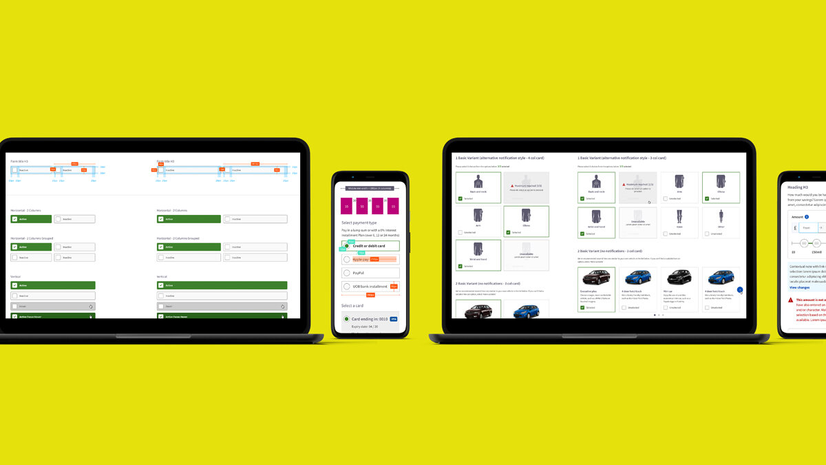 Full suite of form UI covering form fields, check box selection, date pickers, drop down menus, form row help, filters, file upload, multi card select, predictive search, payments, radio buttons, sliders, text fields and toggles.