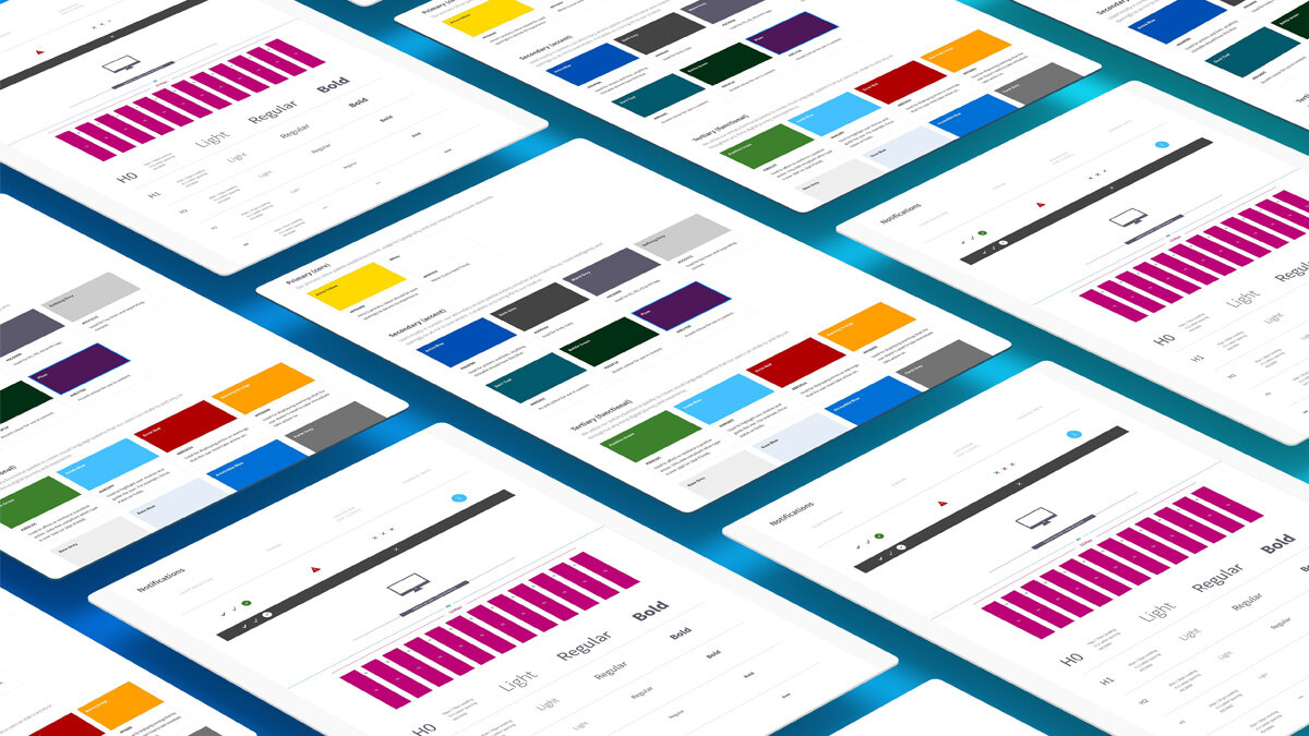 Fundamental design detail including brand colours, typography sets, grid structures, buttons, system icons and more.