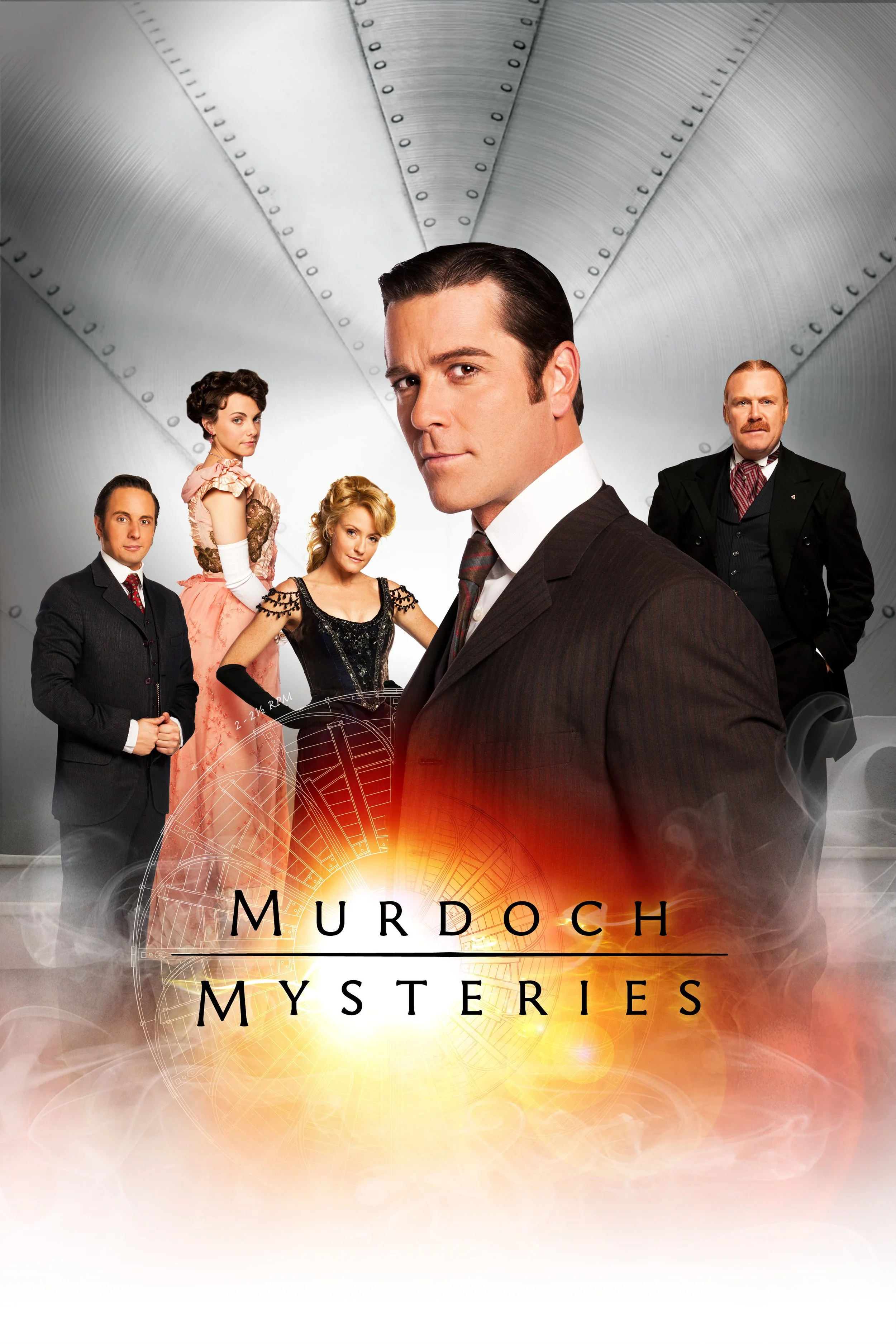 Poster for Murdoch Mysteries showing five characters in Victorian-era costumes, with the main male character in the foreground and a futuristic background with a mechanical clock and glowing light.