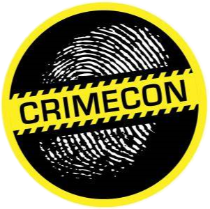 Crime scene investigation logo with a fingerprint and yellow caution tape reading 'CRIMECON' on a black background.