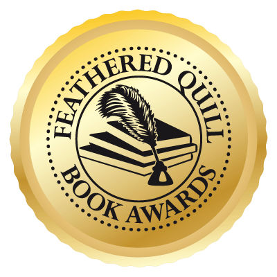 Gold medallion for the Feathered Quill Book Awards with a feather quill, inkwell, and stacked books logo.