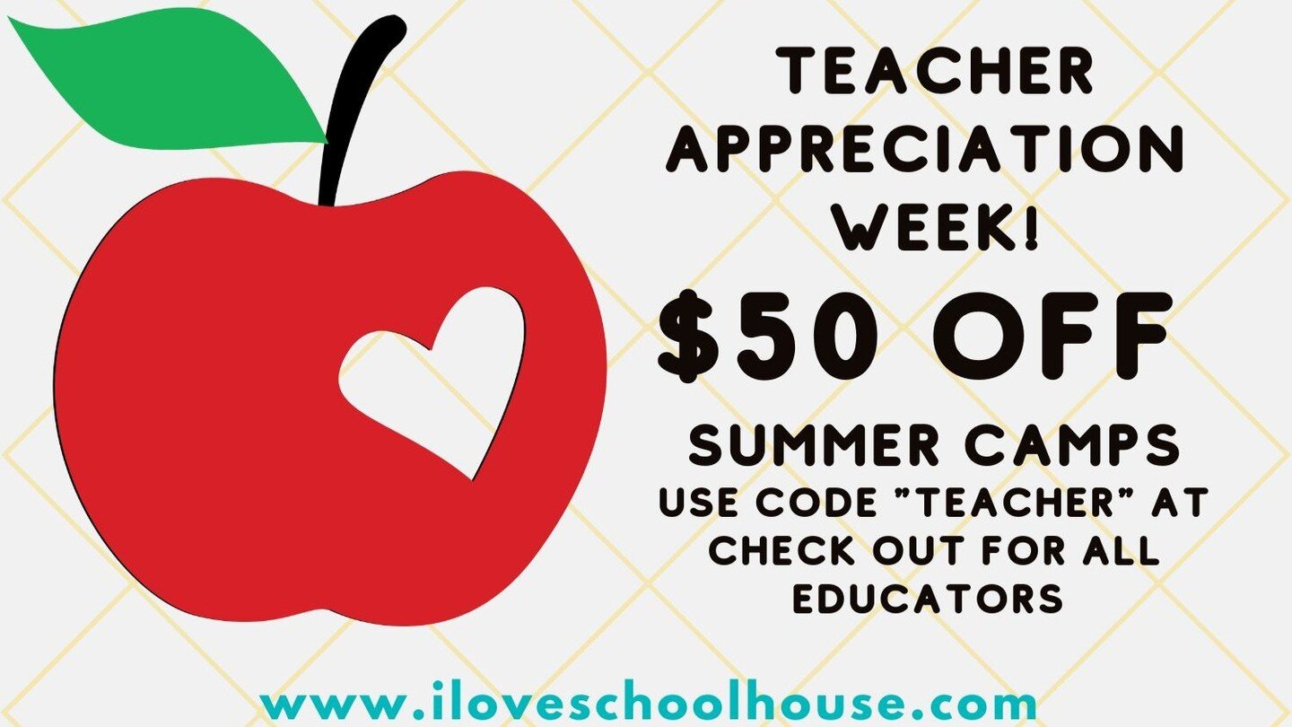 We love teachers! if you identify as an educator we invite you to save $50 on any of our summer camps at any location! 
Good through May 14.