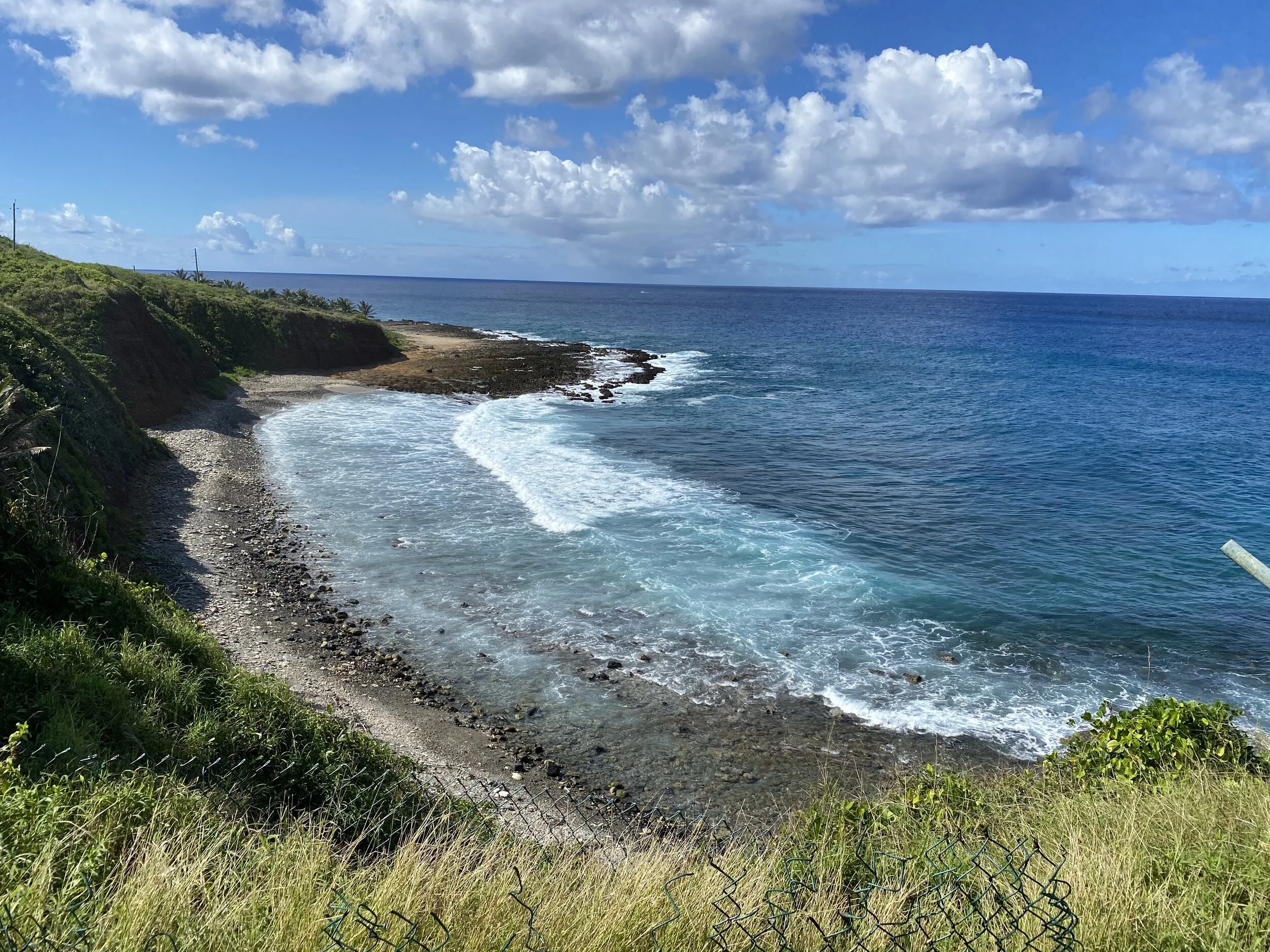 Scenic coastal landscape with rocky beach, ocean waves, and grassy cliffs under a partly cloudy sky.