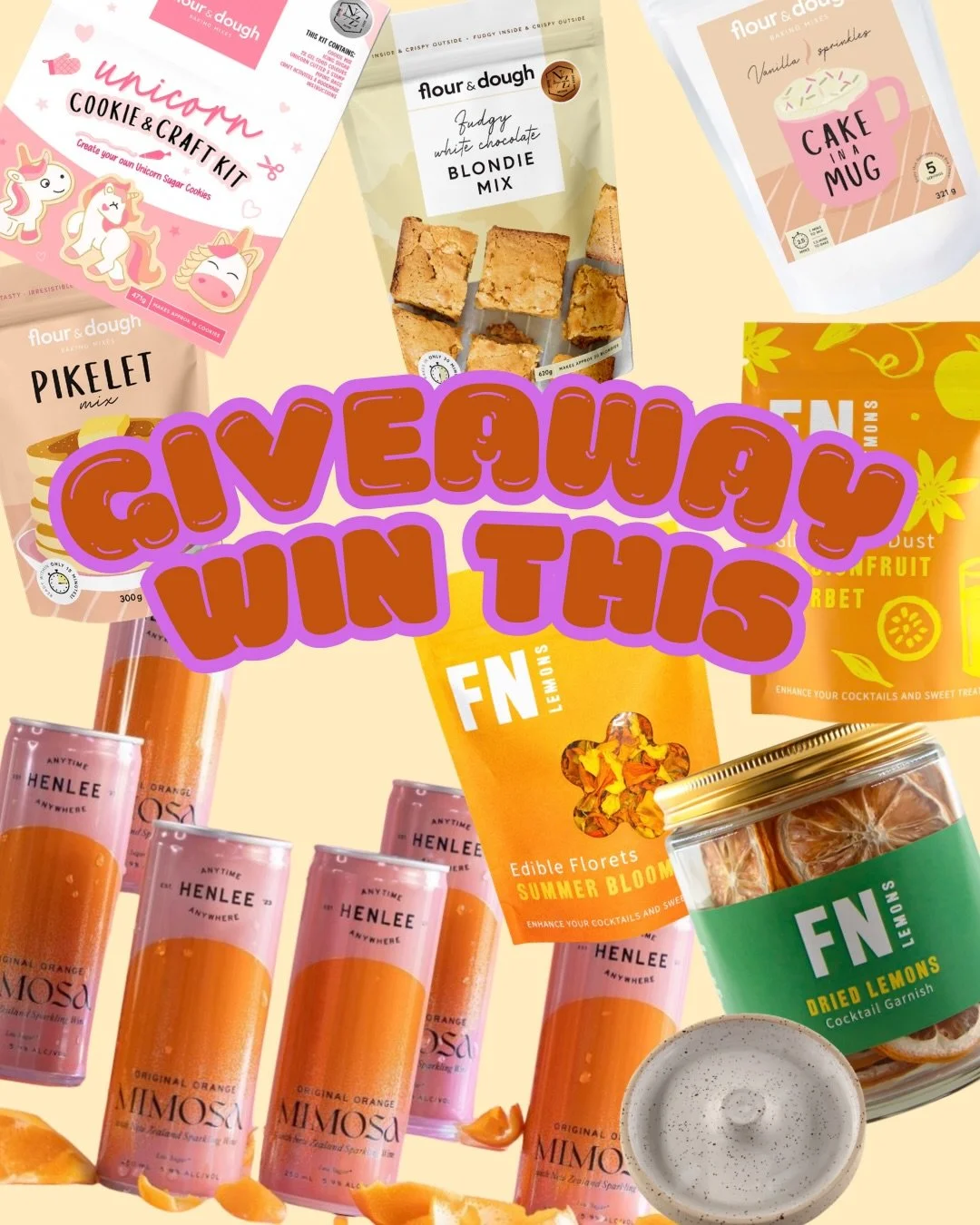 It&rsquo;s GIVEAWAY time&hellip; We have a wonderful prize pack to give to one lucky winner on Instagram!
⁠

- 1 x Unicorn Cookie and Craft Kit
- 1 x Pikelet Mix
- 1 x Cake in a Mug Mix
- 1 x Fudgy Blondie Mix
- 1 x CASE of Henlee Mimosa (24 cans)
- 
